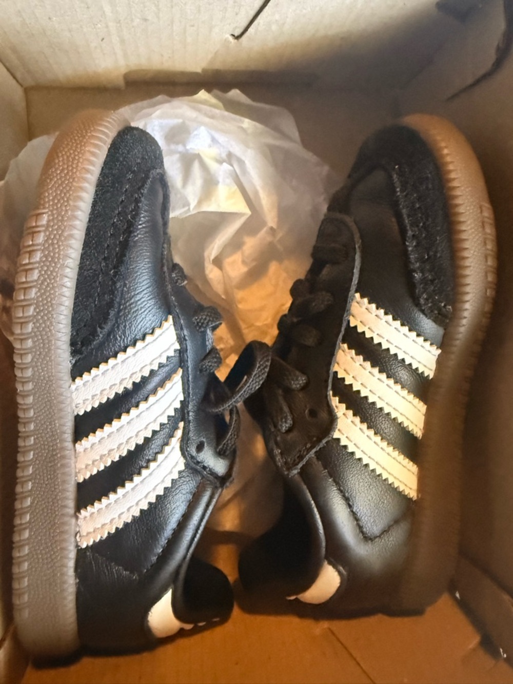 adidas Kids Black Sneakers with White Stripes and Brown Gum Sole